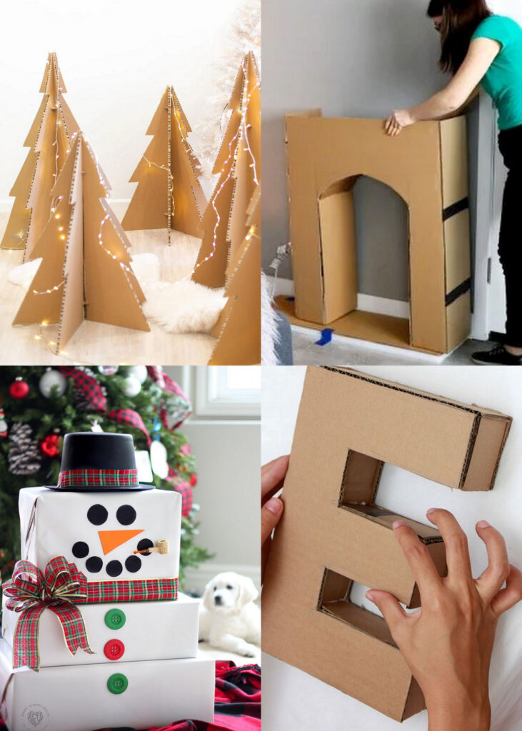 DIY cardboard Xmas trees, fireplace, snowman, and 3D letters