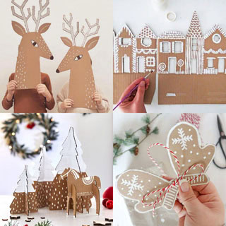 Best cardboard Christmas decorations & crafts ideas such as easy DIY Xmas trees, ornaments, wreaths, fireplace, gingerbread houses, winter village, snowman, etc