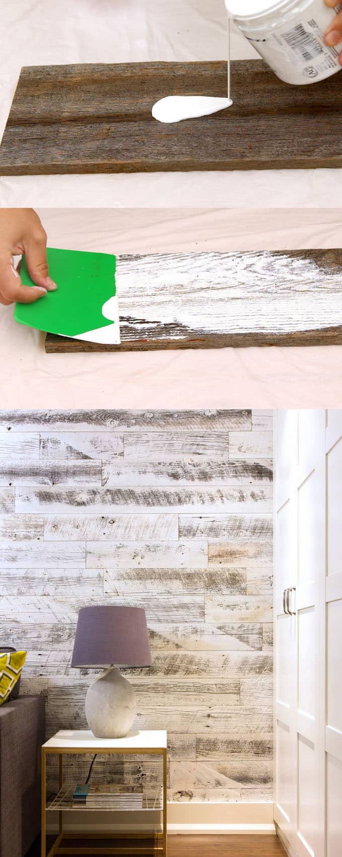 Ultimate guide + video tutorials on how to whitewash wood & create beautiful whitewashed floors, walls and furniture using pine, pallet or reclaimed wood. | apieceofrainbow.com
