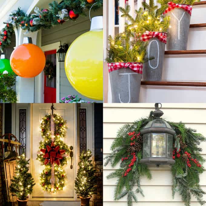 32 beautiful Christmas porches & front doors: how to create gorgeous and playful DIY outdoor Christmas decorations such as garlands, wreaths, lights, ornaments, Christmas pots, and more! - A Piece of Rainbow