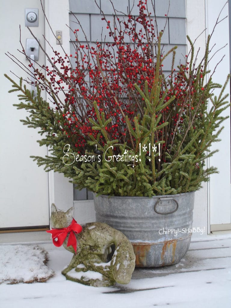  Christmas pot with galvanized tub, conifers and berries  