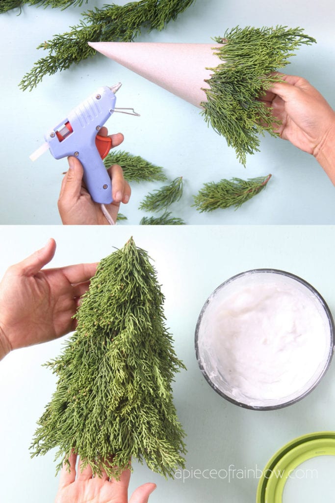 DIY snow flocked Christmas tree with easy fake snow flocking recipe
