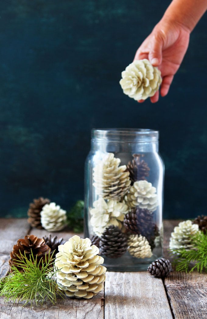 farmhouse christmas decor with bleached pine cones