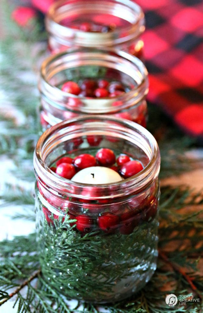  a floating tea candle in a jar filled with cranberries, conifers, and water. This would make a great Thanksgiving centerpiece