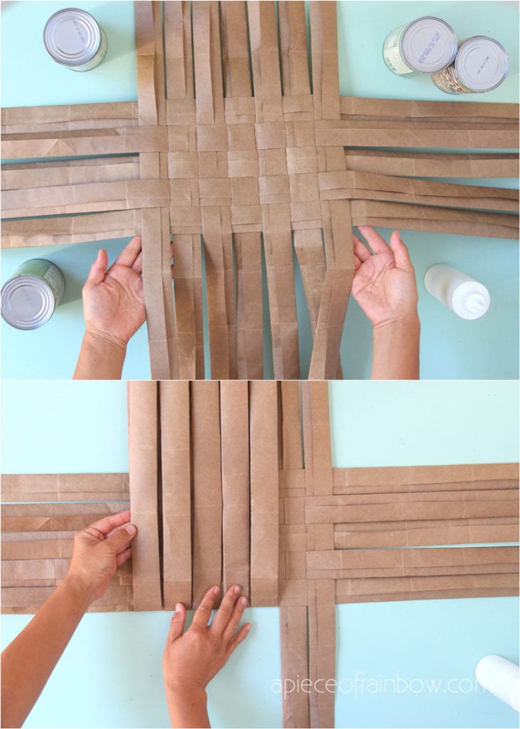 Fold each strip along the bottom edge of the lattice base to start weaving sides of paper basket