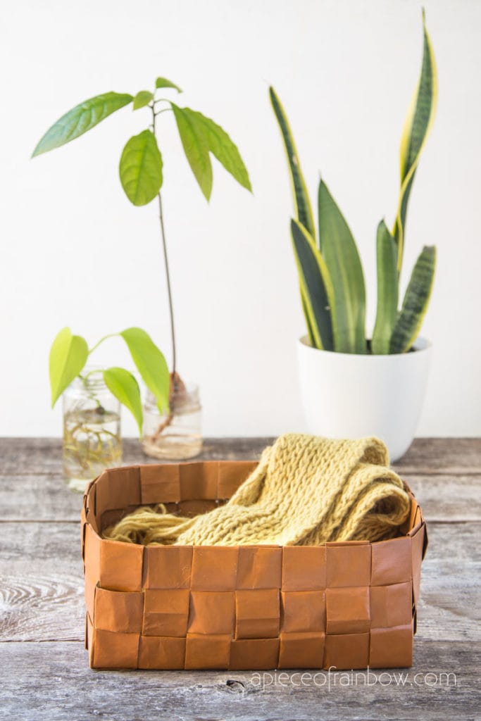 modern farmhouse West elm style faux leather storage basket made from paper bags