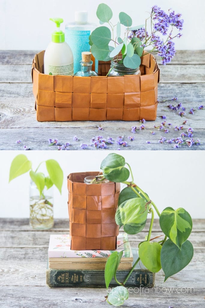 boho farmhouse home decor & organizing, beautiful faux leather DIY paper basket from recycled paper bags 