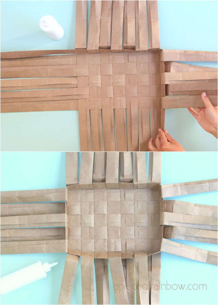 weaving the first row along the 4 sides of the basket base 