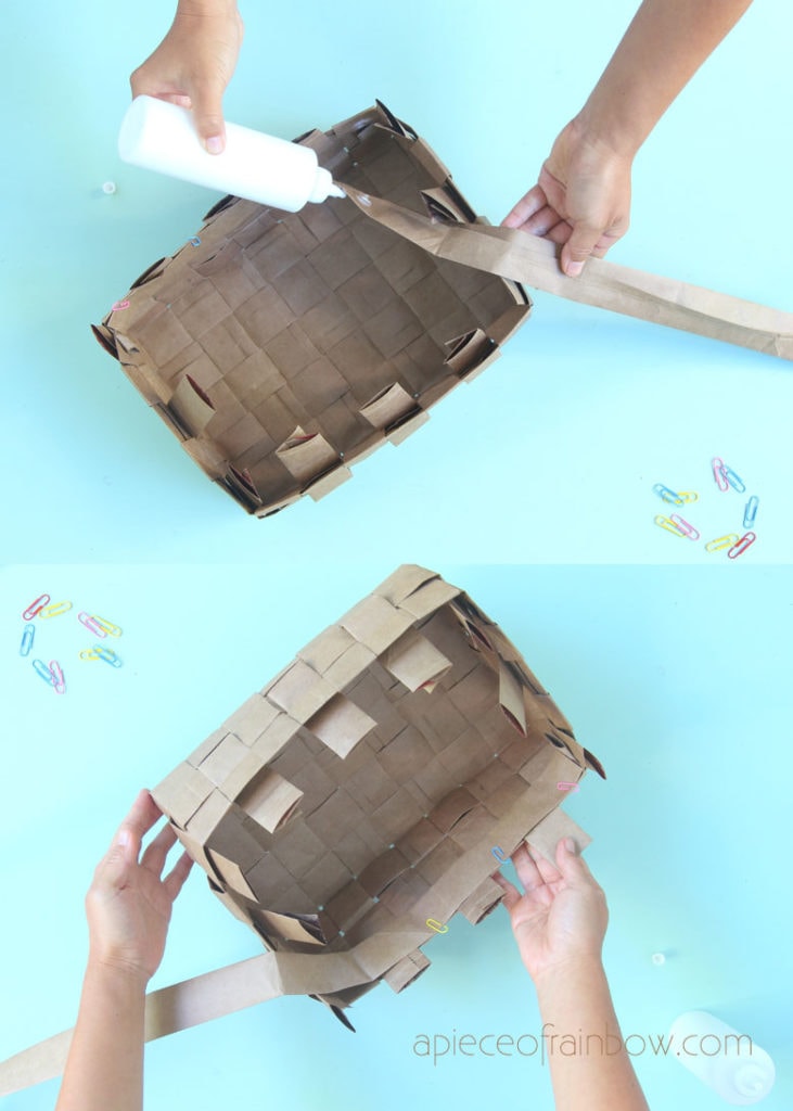 Glue another piece of horizontal strip lining up with the top edge on the inside of the basket