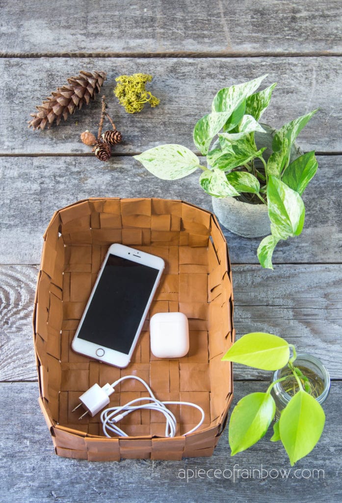 Beautiful DIY paper basket from recycled paper bags . Easy basket weaving paper craft, 
