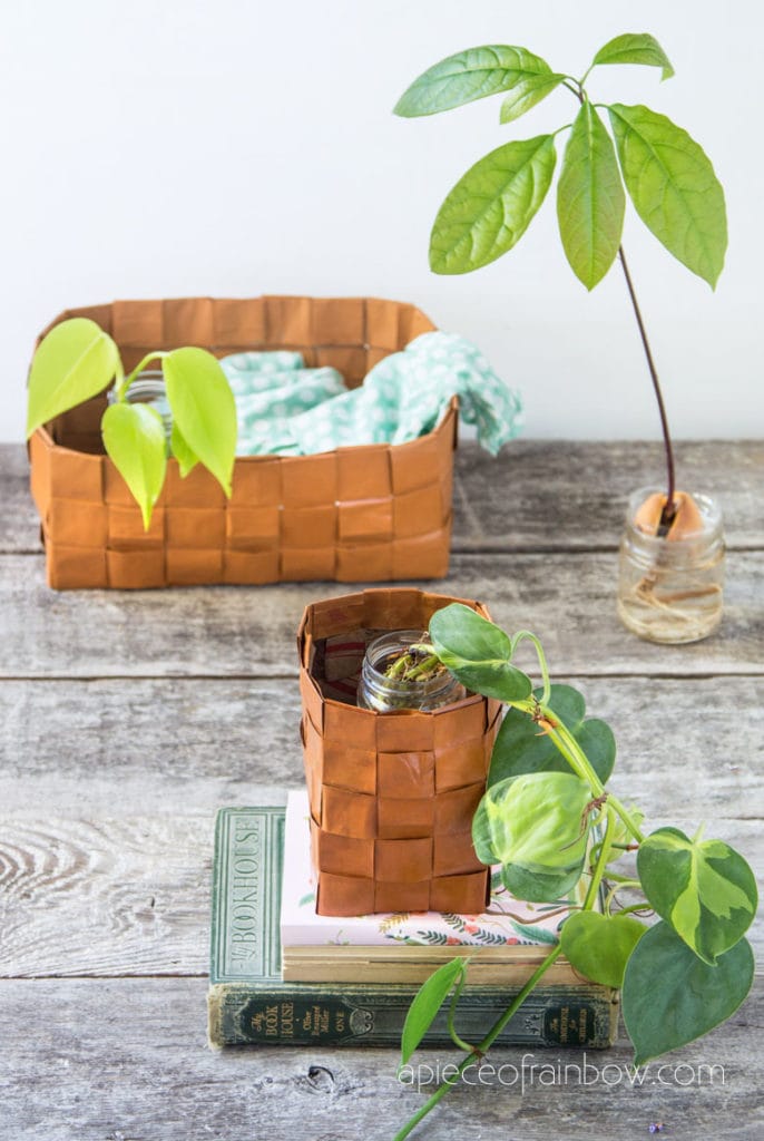 Beautiful paper baskets that look like leather, in boho farmhouse vintage decor