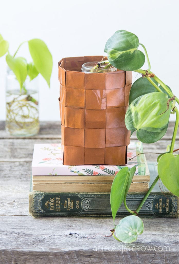 Anthropologie style DIY paper basket leather vase