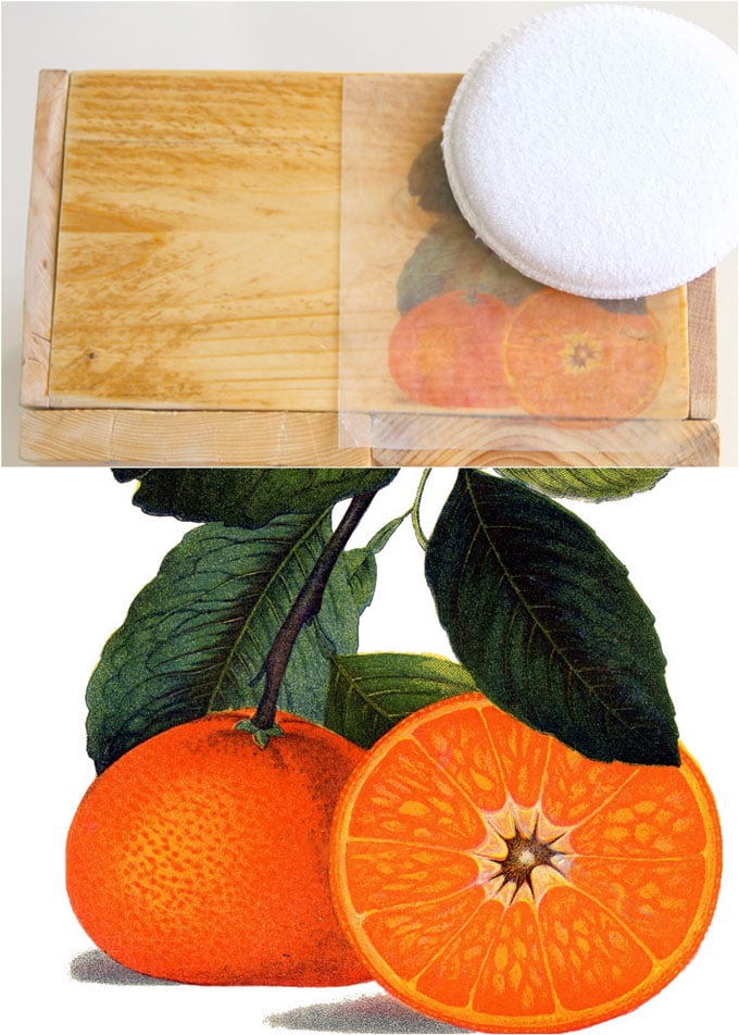 vintage orange illustration image transfer to wood