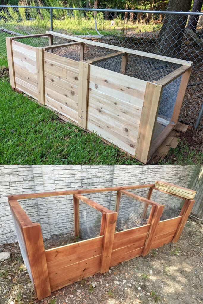 wood compost bins with hardware cloth or chicken wire mesh side panel