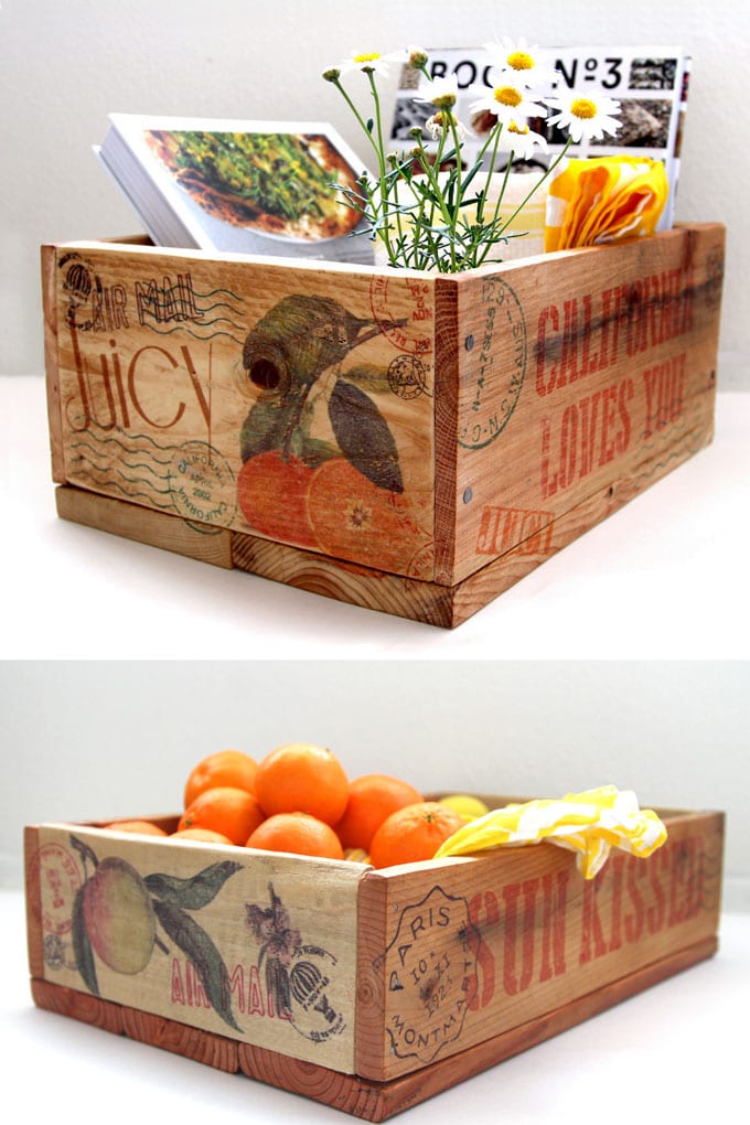 finished DIY vintage wooden crates with image transfer to wood