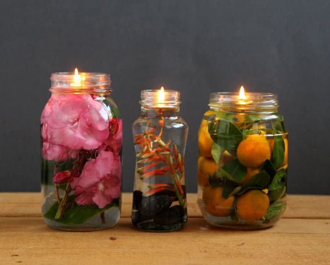 Make gorgeous oil lamp from mason jars and glass bottles. Safer than candles, it takes only 2 minutes to make using vegetable oils and water! - A Piece Of Rainbow Blog