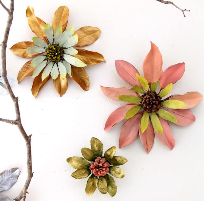How to make flowers from nature walk findings such as pine cones and leaves. These giant blossoms make such dramatic, beautiful and free home decorations! via A Piece Of Rainbow